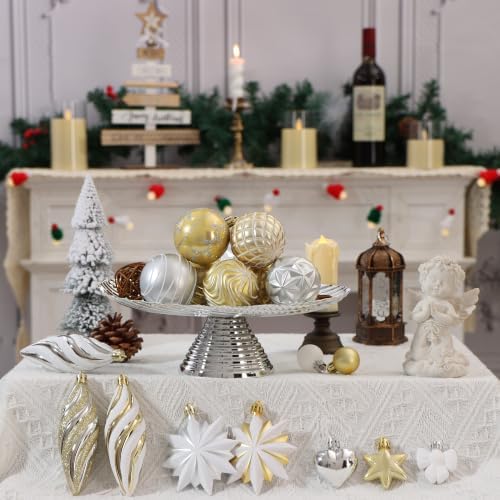 82Pcs Christmas Tree Ornaments Set,Shatterproof Christmas Decorations for Tree Assorted Plastic Craft Baubles Snowflake Ball Ornaments with Durable String for Holiday Party Decor (Gold & White)