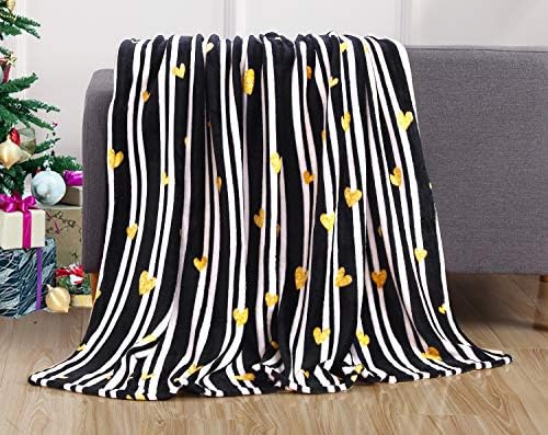 Elegant Comfort Luxury Velvet Super Soft Christmas Prints Fleece Blanket-Holiday Theme Home Décor Fuzzy Warm and Cozy Throws for Winter Bedding, Couch and Gift, 50 x 60 inch, Golden Hearts