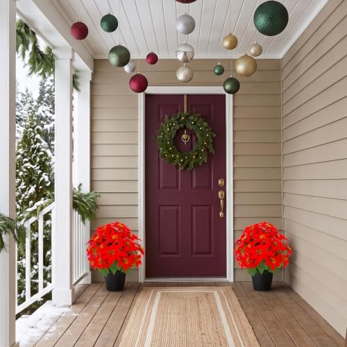 Daynight 2Pcs Artificial Poinsettias with Pots Christmas Flowers, 17.7"