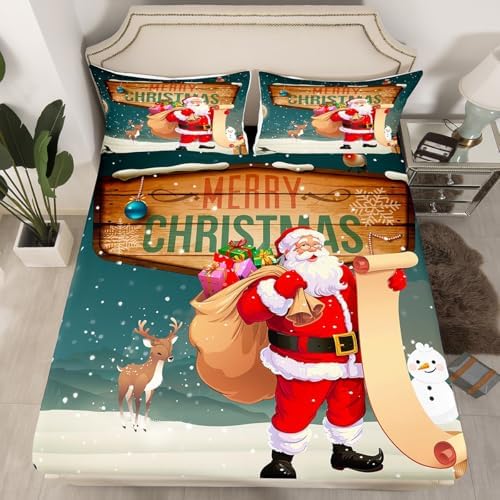 Castle Fairy Merry Christmas Bed Sheets Kids Boys Cartoon Santa Claus Sheet Set 3 Pcs Child Cartoon Elk and Snowman Sheets Set + Deep Pocket Fitted Sheets Flat Sheet 1 Pillow Sham,Twin Size