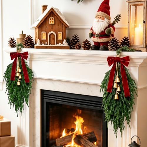 Christmas Teardrop Swag, Christmas Pine Needles Front Door Wreath,Bow Bells