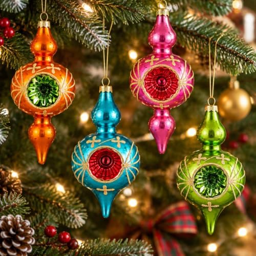 Soulchen 8 Pcs Vintage Glass Christmas Ornament with Reflector for Tree
