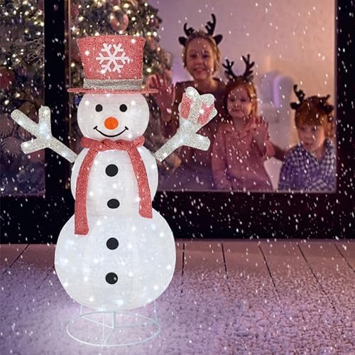 Outdoor Snowman Lighted, Pop-Up Snowman Outdoor Yard Holiday Decorations Prelit 100 Lights, Collapsible Lighted Snowmen Wear Scarf and Hold Light Up Gift Box for Pink Christmas Décor-Pink