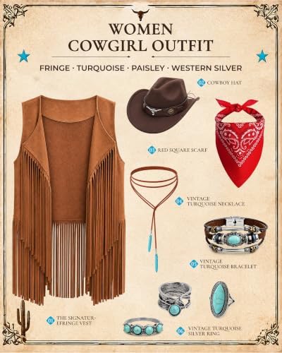 Women Western Cowgirl Outfit 8Pcs Tassel Vest Hat Bandana Jewelry Set