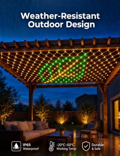 Christmas Net Lights Outdoor 10 x 10 ft, DIY 225 RGB LEDs, App & Remote Control, Music Sync Timer for Patio, Pergolas, Wedding Christmas Trees, Bushes, Garden, Outdoor Decoration