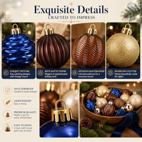 Lunmon 64 Pcs Vintage Christmas Ornament Royal Blue Bronze Champagne Gold