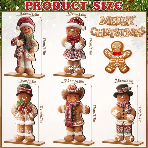 RattanView 5 Pcs Christmas Gingerbread Tabletop Decorations Wooden Christmas Centerpiece Table Decor Holiday Sequins Village Standing Sign with Base for Xmas Home Mantel Shelf(Gingerbread Man)