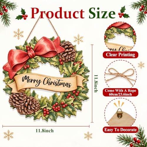 Christmas Decorations Red Bow Holly Pinecone Hanging Wooden Front Door Sign