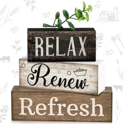 Lineshading 4 Pcs Farmhouse Bathroom Shelf Decor, Relax Renew Refresh Signs