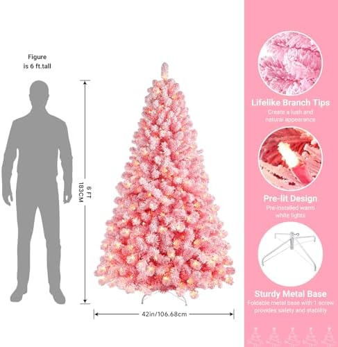 SHareconn 6ft Snow Flocked Spruce Pre-lit Artificial Christmas Tree, Pink