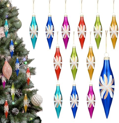 Soaoo 12 Pack Vintage Glass Icicle Christmas Ornaments, Multicolored