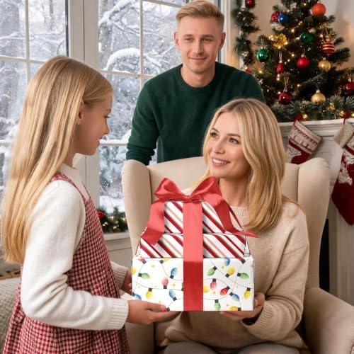 LaRibbons Reversible Christmas Wrapping Paper, Christmas Lights & Striped