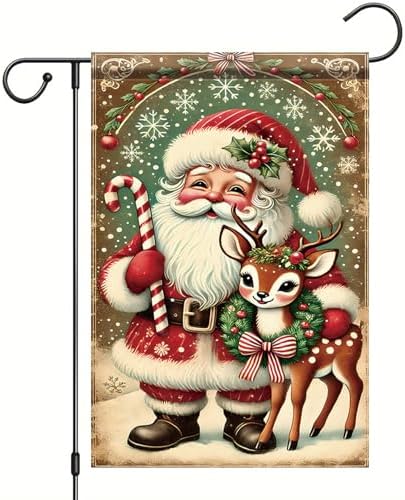 Christmas Garden Flag Santa Claus with Reindeer Flag Holiday Outdoor Yard Decoration 12x18 Inch Double Sided Winter Banner Candy Cane Snowflake Wreath Seasonal Lawn Porch Patio Decor