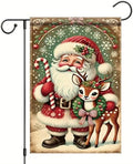 Christmas Garden Flag Santa Claus with Reindeer Flag Holiday Outdoor Yard Decoration 12x18 Inch Double Sided Winter Banner Candy Cane Snowflake Wreath Seasonal Lawn Porch Patio Decor