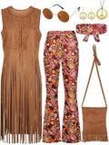SOMSOC 7 Pieces 60s 70s Women Hippie Costume Fringe Vest Bag Pant Headband for Disco