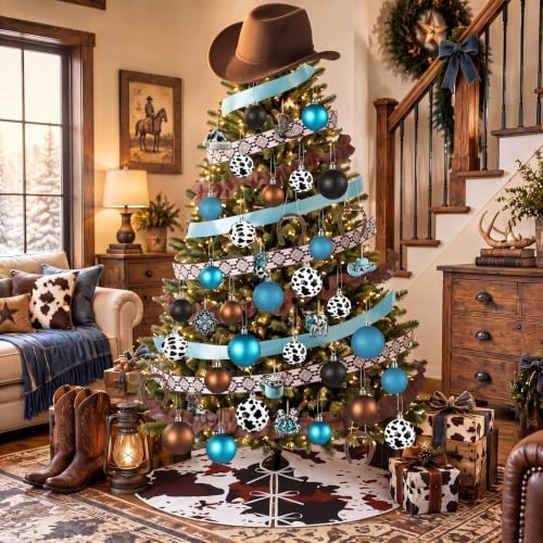Seenelling Western Cowboy Christmas Tree Ornaments Set – 81 Pcs Rustic Cow Print Decorations with Cowboy Hat Topper Cow Print Balls Ornaments Horseshoes Tree Skirt Ribbons for Xmas Holiday Decor