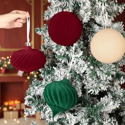 Civaner 4 Pcs Large Velvet Christmas Ball,6 Inch,Beige,Burgundy,Green