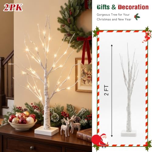 PEIDUO Christmas Decorations for The Home, 2FT BirchTree with LED Lights, Warm White Tree Lamp, Fairy Light Spirit Tree for Room Inside Fireplace Home Decor, Battery Powered, Timer (4PK)