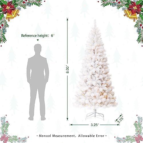Glitzhome 8ft Pre-Lit Slim Artificial Christmas Tree, Aspen Frostfall Pine Hinged Holiday Xmas Tree with Foldable Metal Stand, 500 Warm White Lights, Ideal for Home, Office, Party Decoration