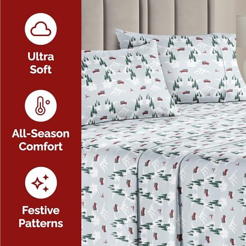 Christmas Sheet Set, Pickup Trucks, Holiday Xmas Bedding Set - Queen Size