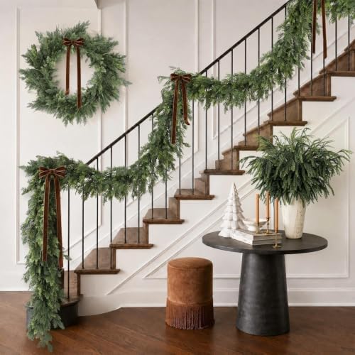 Christmas Garland 9FT Decorations Real Touch Cedar Cypress Pine Greenery Artificial Green Christmas Garland for Mantle, Fireplace, Table, Stairs, Door, Porch, Indoor Outdoor Decorations, 4Pcs
