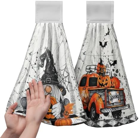 Halloween Gnome Pumpkins Hanging Hand Towels Set of 2 Bats Spider Webs Truck Kitchen Towels with Hanging Loop Orange and Black Seasonal Tea Towel Soft Absorbent Fingertip Tie Towels for Bathroom