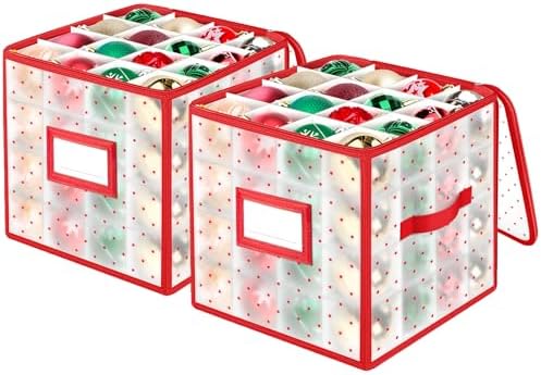 BlessedSeason Christmas Ornament Storage Box With Adjustable Dividers, Store up to 64 of 3-inch or 36 4-inch Christmas Ornaments, Xmas Ornaments Storage with Zippered Closure & Two Handles, 2 Pcs