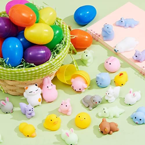 JOYIN 72 Pcs Easter Prefilled Eggs with Mochi Squishy Toys, Kawaii Stress Reliever Squishy Toy for Easter Egg Hunt, Kids Party Favor, Basket Stuffers, Goodie Bag Fillers, Classroom Prize Supplies