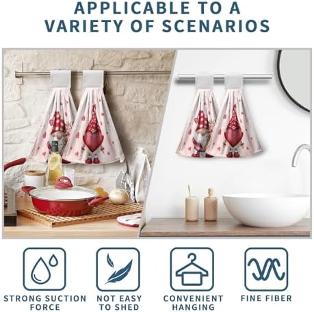 Valentine's Day Heart Hanging Kitchen Towels Romantic Gnome Bouquet Hand Towel with Hanging Loop Red Pink Love Dish Towel Soft Absorbent Fingertip Bath Towels for Bathroom Decor Set of 2
