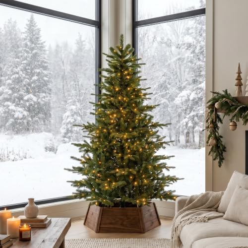 Glitzhome Prelit Christmas Tree, 6ft Artificial Christmas Tree Realistic Full Christmas Tree Vibrant Evergreen Fir with 300 Warm White/Multi-Color Twinkling Lights, 9 Function w/Foot Pedal and Remote
