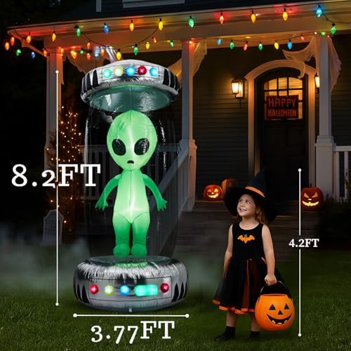 Outvita 8.2FT Halloween Inflatable Alien with UFO, Blow Up Outdoor Decoration with Rotating LEDs, Halloween Decor for Yard, Party, Garden