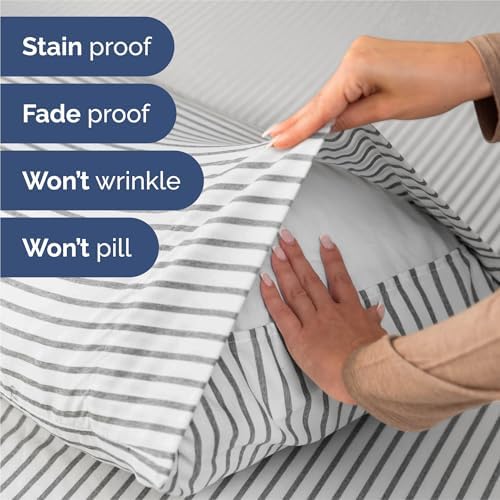 Split King Size 5 Piece Sheet Set - Breathable & Cooling - Grey Stripes