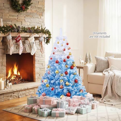 HAPPYGRILL 5 FT Flocked Christmas Tree Blue Hinged Xmas Tree with 456 Branch Tips & Folding Metal Stand, Artificial Christmas Tree for Home Office Carnival