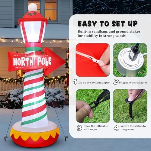 6 FT Christmas Inflatables North Pole Road Sign Outdoor Decoration, Blow Up Street Lamp with Built-in LED Lights, Santa Claus Arctic Road Sign for Holiday Display Lawn Garden Yard Xmas Decor