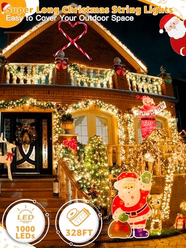 BrightChristmas 1000 LED 328 FT Christmas Lights, Waterproof Outdoor String With Remote and Timer, 8 Modes Dimmable, Fairy Lights for Holiday Decor (Warm White)