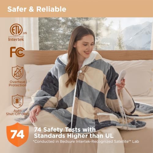 Bedsure Wearable Heated Blanket Hoodie Shawl, 55"x64", Beige Plaid Pattern