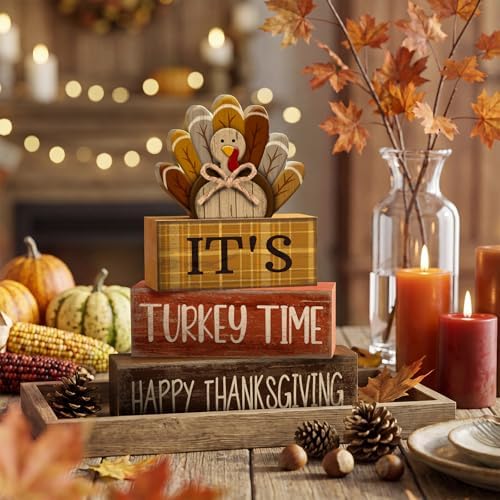 Moucuny 4 Pcs Thanksgiving Table Decorations, Turkey Time Wooden Block Sign