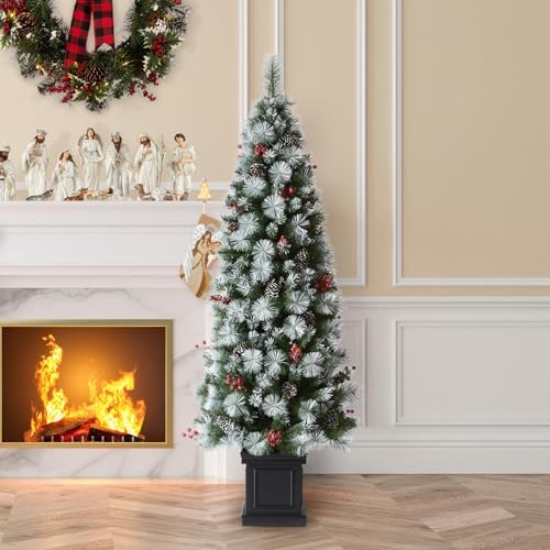Glitzhome 6 FT Christmas Tree, Pre-Lit Artificial Entrance Trees Greenery Pine Cones and Red Berries Christmas Porch Tree with 200 Warm White Lights for Front Door, Porch, Entryway