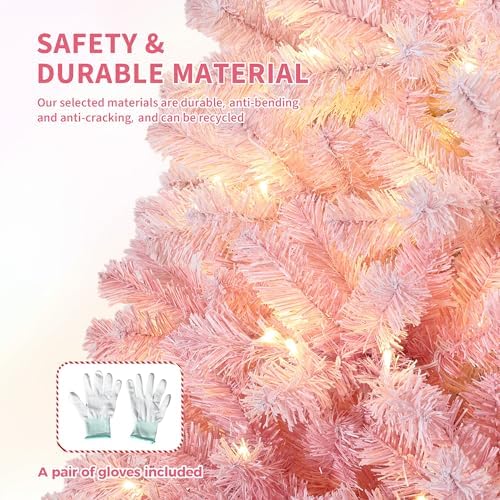 GarveeHome 7.5 ft Prelit Artificial Christmas Tree with 450 RGB & Warm White Lights, Pre-Lit Snow Flocked Christmas Tree, Foldable Base,Holiday Decoration for Home, Office, Party,Pink Gradient