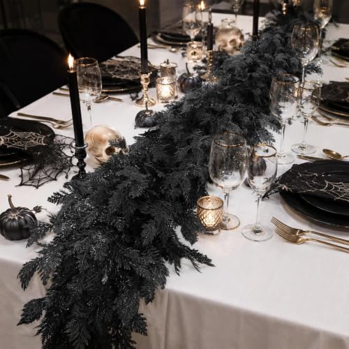 Halloween Garland 8.9FT Decorations Black Real Touch Cedar Cypress Pine Plant Artificial Halloween Garland for Mantle, Fireplace, Table, Stairs, Door, Porch, Indoor Outdoor Decorations, Black
