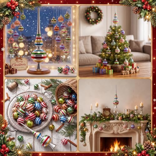 Teling 100 Pcs Vintage Christmas Tree Ornaments Set Mini Retro Striped Ball