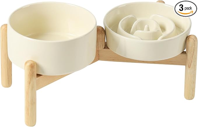Havniva Elevated Slow Feeder Dog Bowls, Ceramic Dog Bowl Slow Feeder Set | 0.9 Cups Raised Slow Feeder Dog Bowl for Small Breed, 6.1” Dog Water Bowl with Wooden Stand, Puzzle Dog Food Bowl, Non-slip