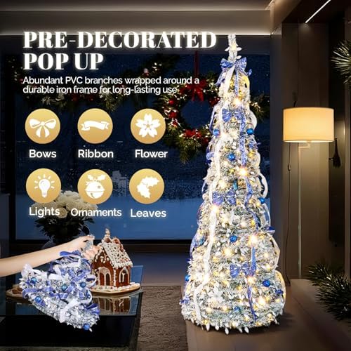 VINGLI 7ft Pre Lit Pop Up Christmas Tree w/ 200 Lights, Fully Decorated Flocked Pencil Christmas Tree, Collapsible Xmas Tree for Holiday Party Decorations (Blue&Silver)