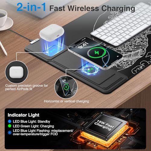 Wireless Charging Mouse Pad with Phone Holder, 31.5"x15.8" in, Black Wave