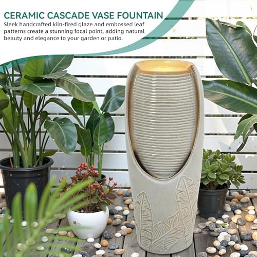 Autodaya 32"H Jar Ceramic Outdoor Water Fountain, Sand Beige Foilage Design