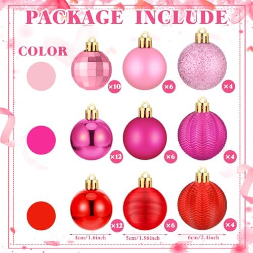 Lunmon 64 Pcs Christmas Ball Ornaments Red Pink and Hot Pink Xmas Bulbs