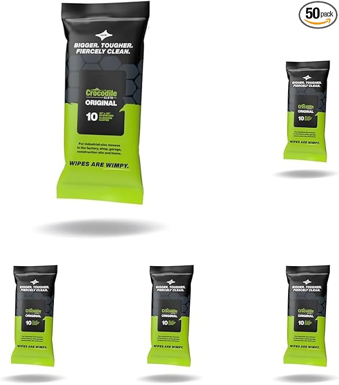 Crocodile Cloth Industrial Hand & Tool Cleaning Wipes - Heavy-Duty 10" x 15" Size Multi-Surface Cleaning Wipes, 10 Count Per Package. Water Based Solution with Extreme Cleaning Power. Safe on Skin.