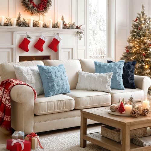 MIULEE Christmas Throw Pillow Covers Blue Christmas Decorations Set of 2 Xmas Tree 18x18 Pillow Covers Soft Plush Faux Wool Pillowcases Holiday Festivals Winter Home Decor Sofa Couch Bed Porch