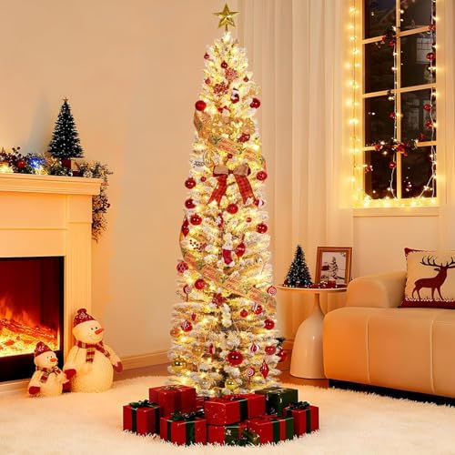 Garvee 7.5FT Pencil Prelit Christmas Tree, Snow Flocked Xmas Tree
