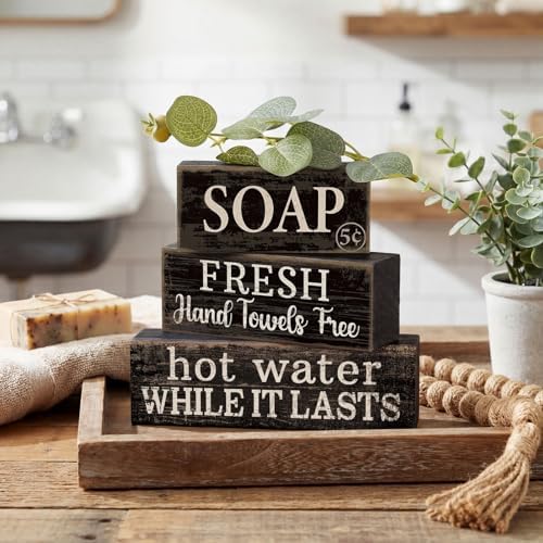 Lineshading 4 Pcs Wooden Bathroom Block Signs, Farmhouse Shelf Decor